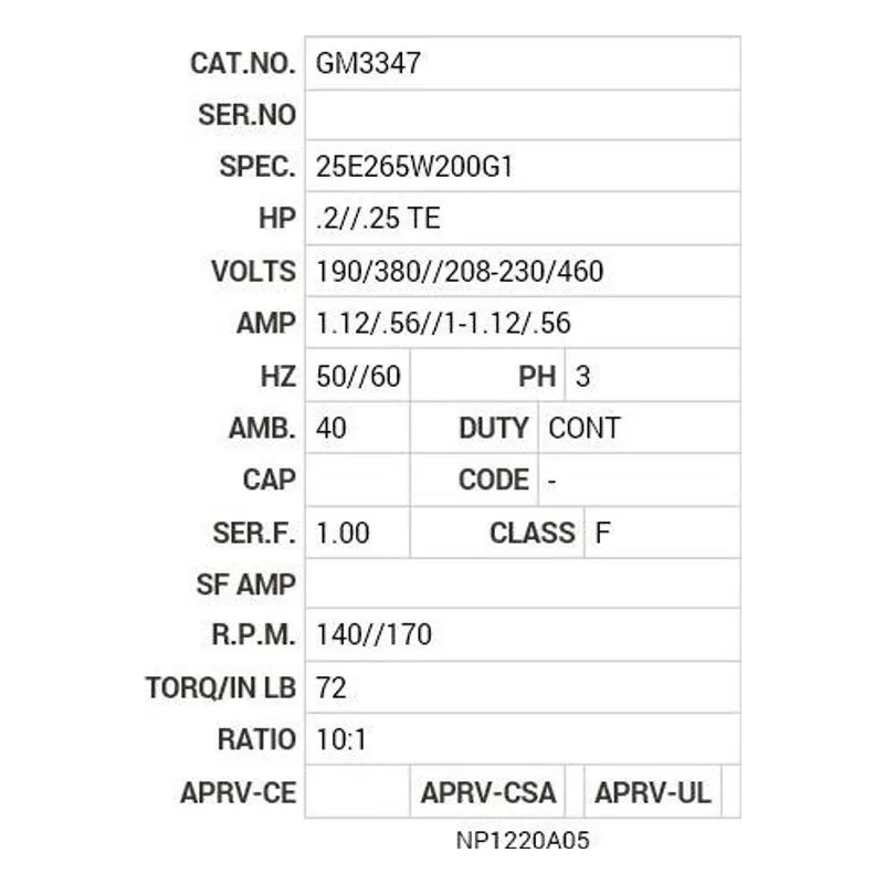GM3347 Baldor .2/.25 HP, 1400 RPM, 3 PH, 50/60 HZ, K-1, 2524M Motor Nameplate - view 2
