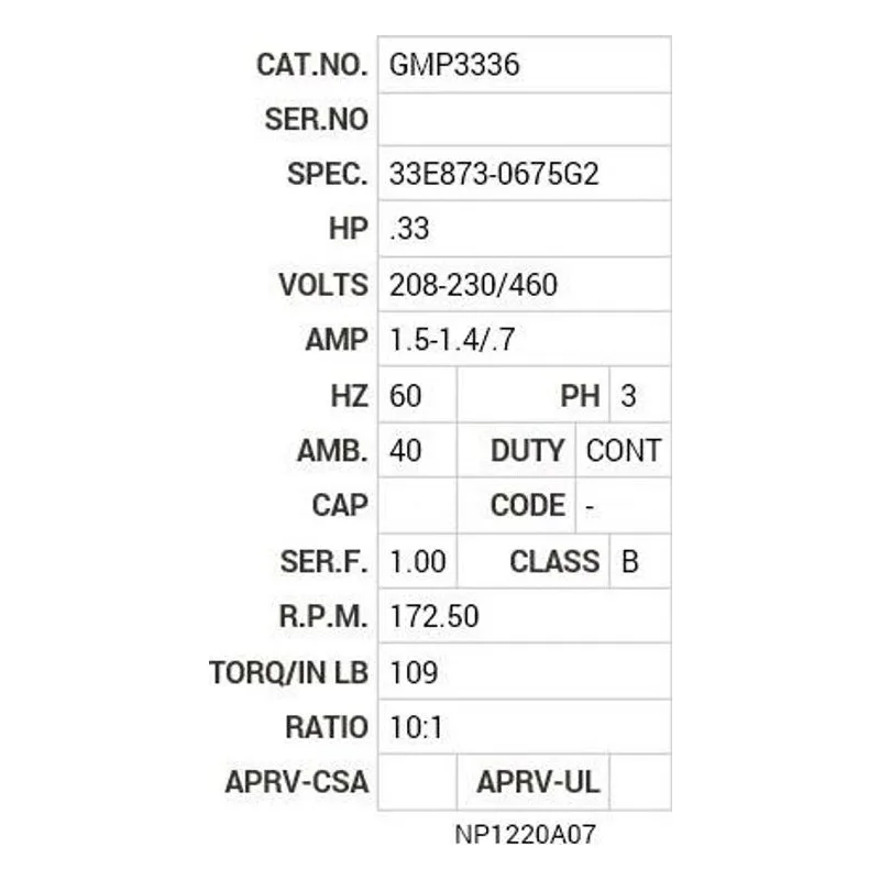 GMP3336 Baldor .33 HP, 1725 RPM, 3 PH, 60 HZ, PSLH, 3320M,  Motor Nameplate - view 2
