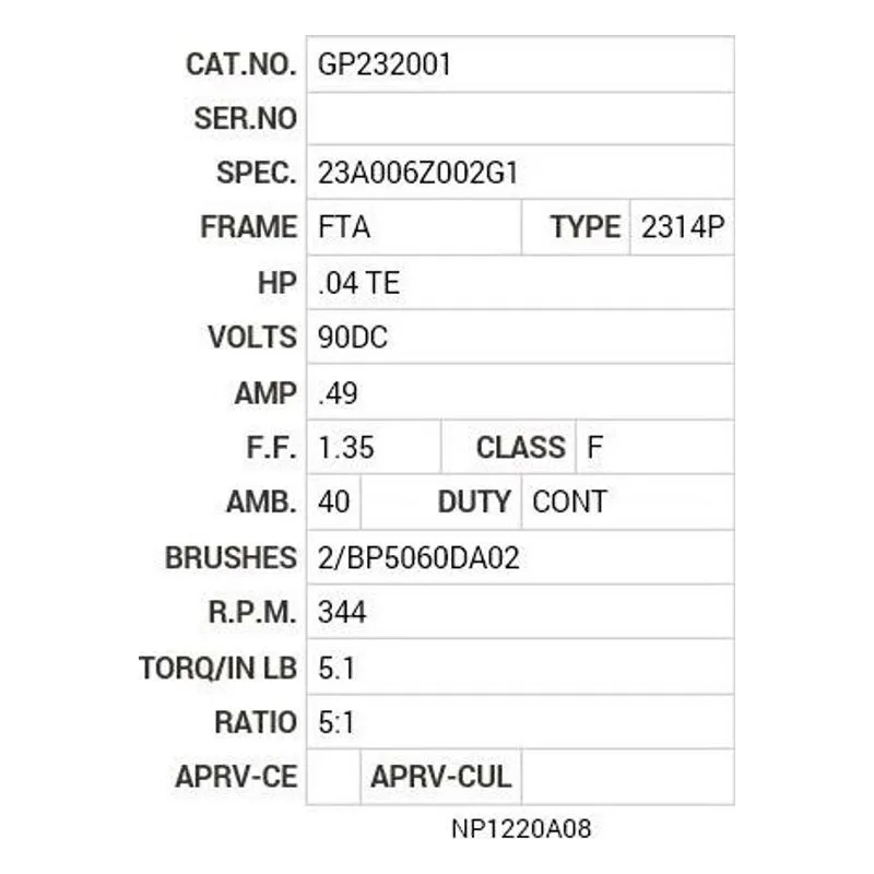 GP232001 Baldor .04 HP, 1720 RPM, DC, FTA-0, 2314P, TENV, GM Motor Nameplate - view 2