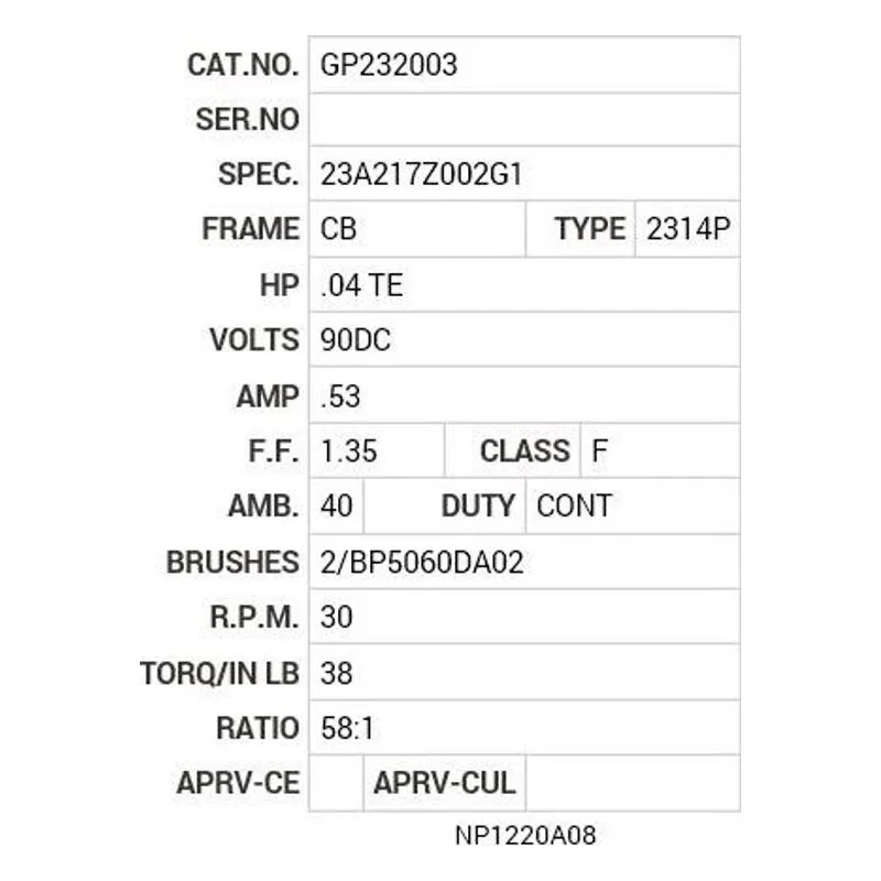 GP232003 Baldor .04 HP, DC, CB-0, 2314P, TENV, GM Motor Nameplate - view 2
