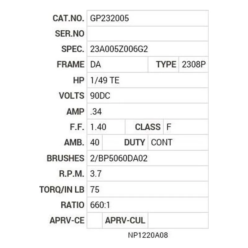 GP232005 Baldor G.M. R08DA 90V DC 3.7  RPM CAT# GP232005 Motor Nameplate - view 2