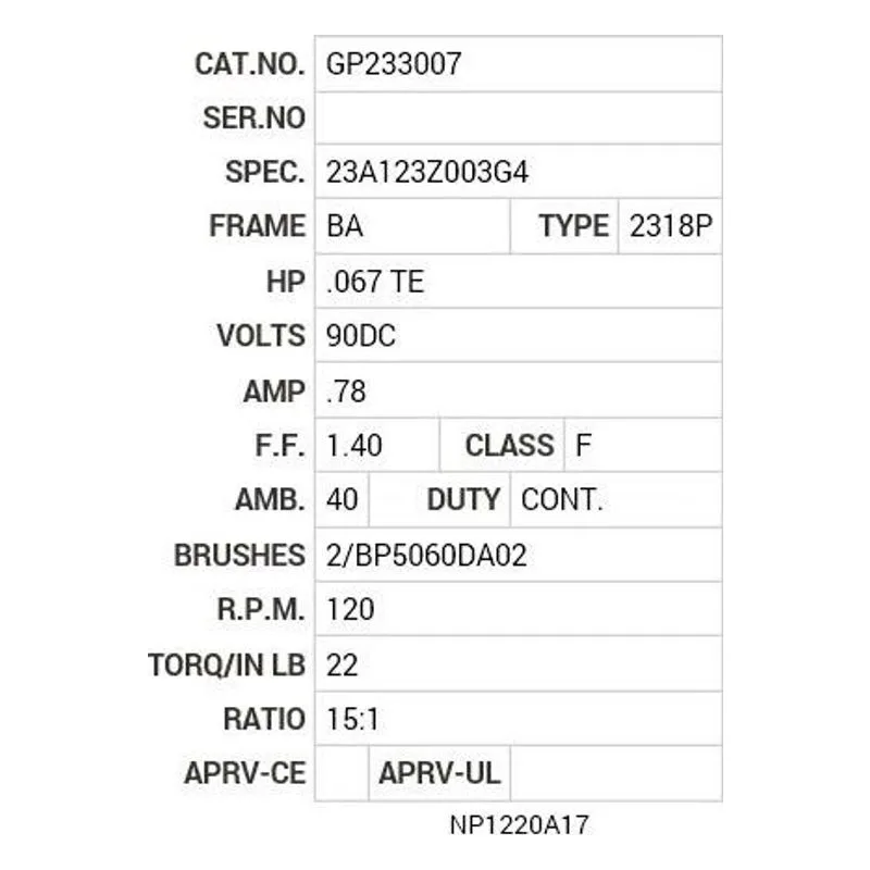 GP233007 Baldor .06 HP, DC, BA, 2318P, TENV, GM Motor Nameplate - view 2