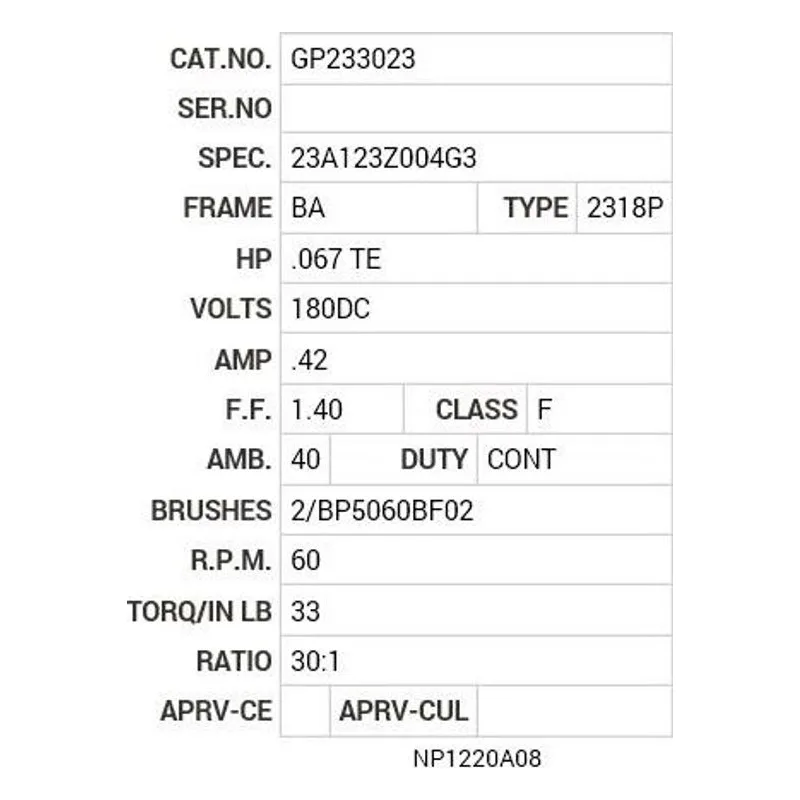GP233023 Baldor .06 HP, DC, BA, 2318P, TENV, GM Motor Nameplate - view 2