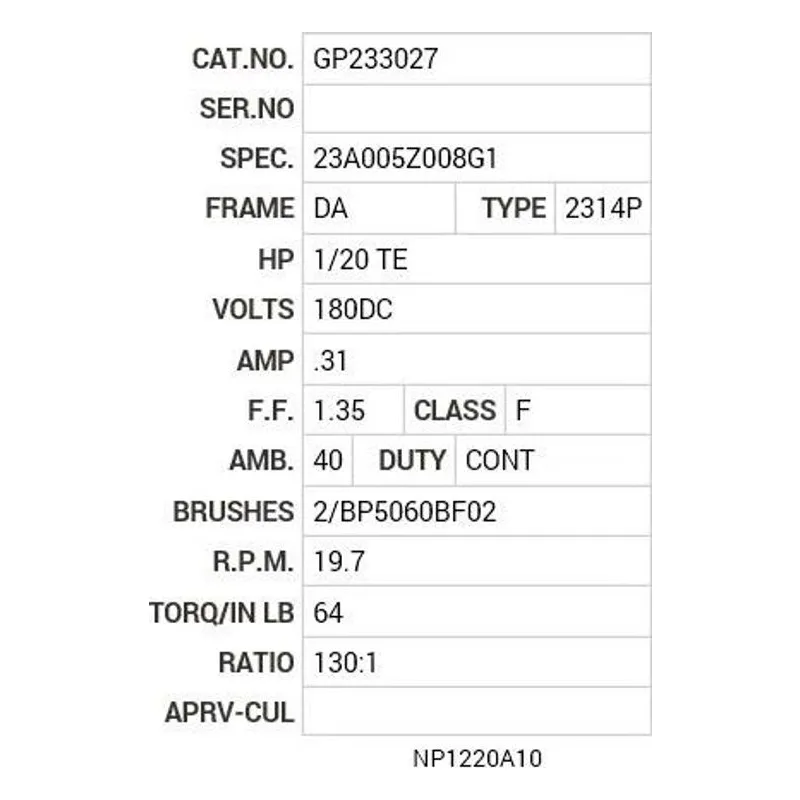 GP233027 Baldor .03kW, 19 RPM, 180v DC,  TENV, 2314P-DA Motor Nameplate - view 2