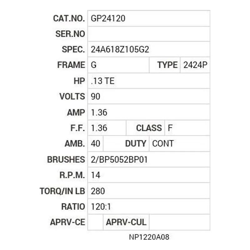 GP24120 Baldor .25 HP,  DC,  G-BOX WORM_HELICAL,  TENV GM Motor Nameplate - view 2
