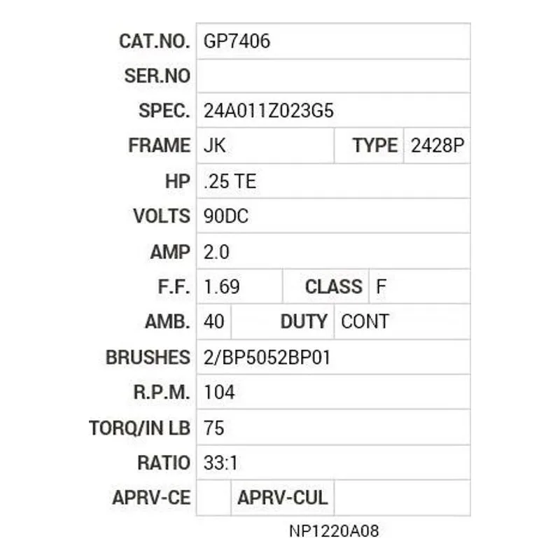 GP7406 Baldor G.M. D28JA 90VDC 33:1 GP7406 Motor Nameplate - view 2