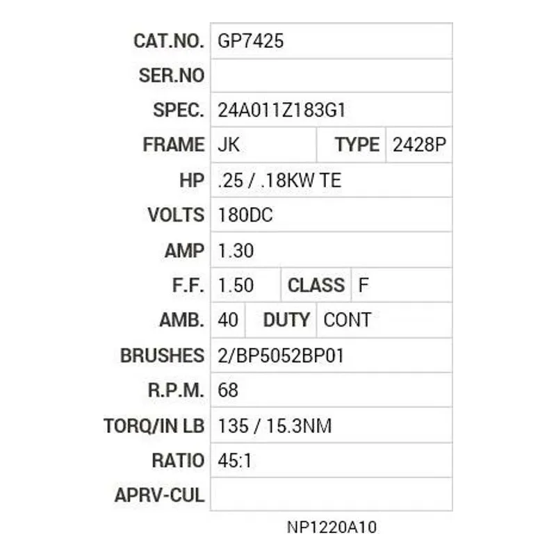 GP7425 Baldor .25 / .18 HP, DC, JK-0, 2428P, TENV, GM Motor Nameplate - view 2