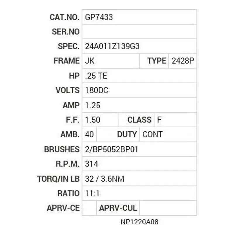 GP7433 Baldor G.M. D28JA 180VDC 11:1 GP7433 Motor Nameplate - view 2