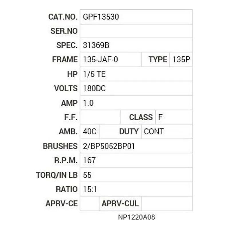 GPF13530 Baldor G.M. J28JA 180V DC 167  RPM Motor Nameplate - view 2