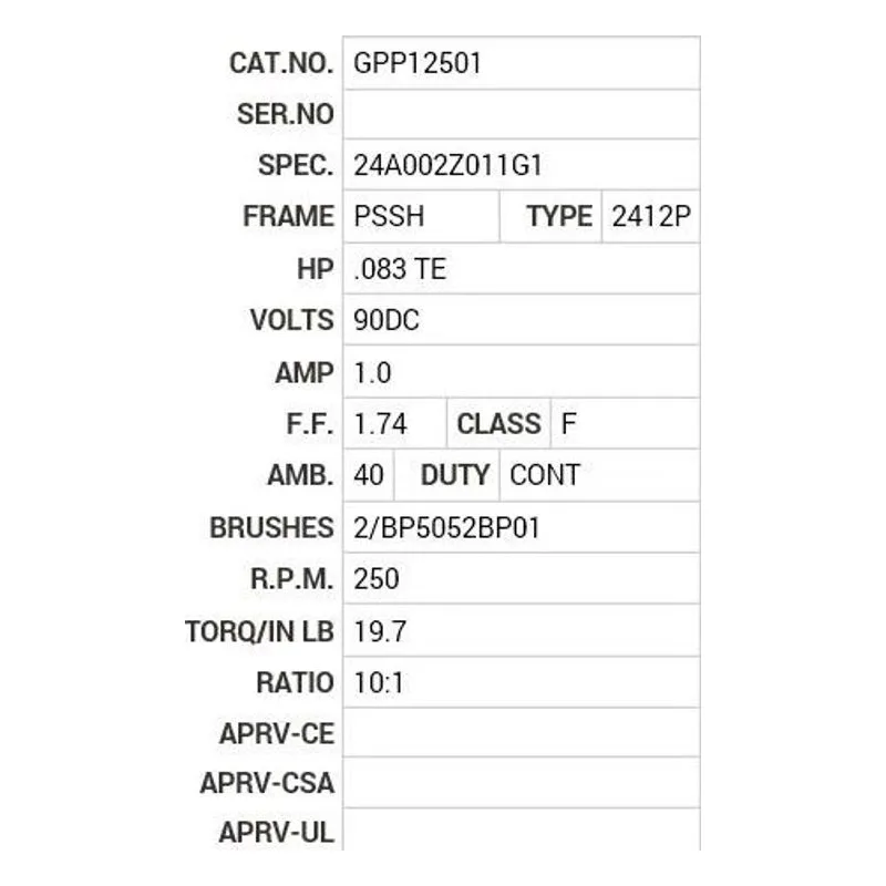 GPP12501 Baldor .08 HP, DC, PSSH-0, 2412P, TENV, F1 Motor Nameplate - view 2