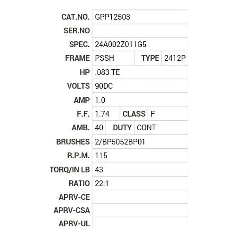 GPP12503 Baldor .08 HP, DC, PSSH-0, 2412P, TENV, F1 Motor Nameplate - view 2
