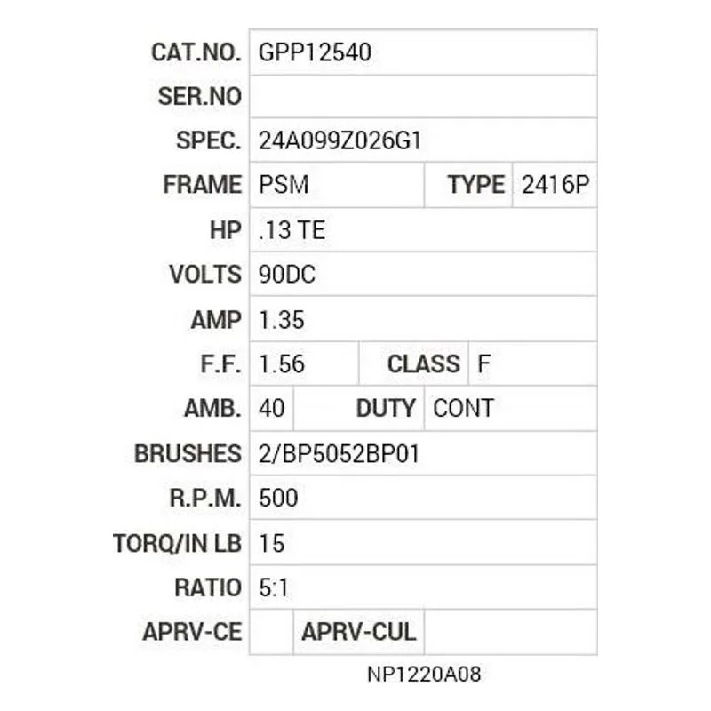 GPP12540 Baldor .13 HP, DC, PSSM-0, 2416P, TENV, F1 Motor Nameplate - view 2