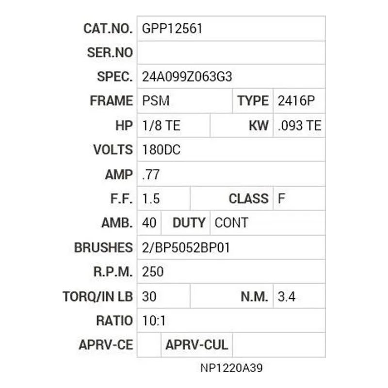GPP12561 Baldor G.M. J16MA 180VDC 250  RPM 10:1 CAT#GPP12 Motor Nameplate - view 2