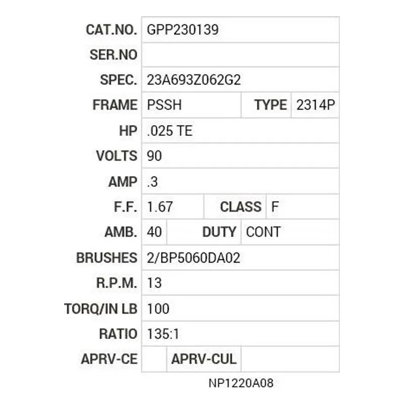 GPP230139 Baldor G.M. R14NA 90V DC 13  RPM 135:1(GPP23013) Motor Nameplate - view 2