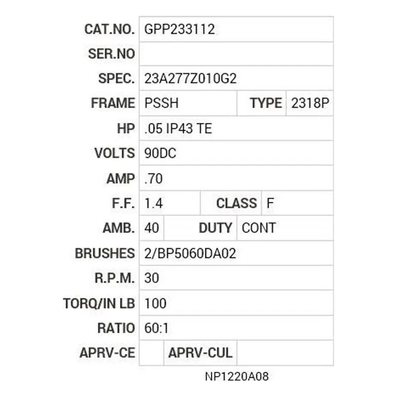 GPP233112 Baldor .05 HP, DC, PSSH-0, 2318P, TENV, GM Motor Nameplate - view 2