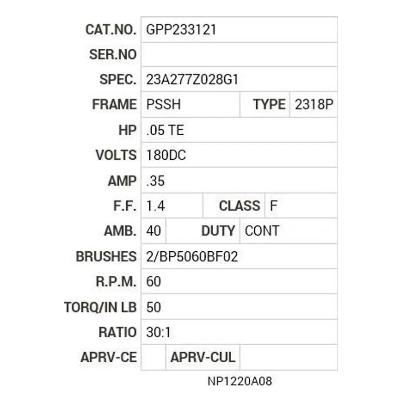GPP233121 Baldor .05 HP, DC, PSSH-0, 2318P, TENV, GM Motor Nameplate - view 2