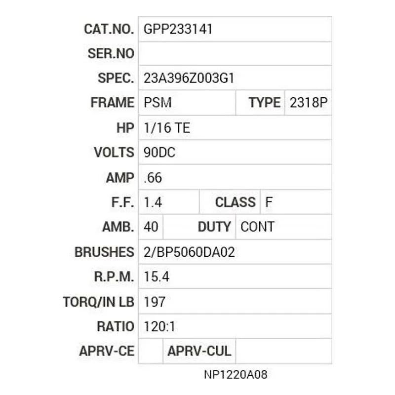 GPP233141 Baldor G.M. R18MA 90V DC 15.4  RPM 120:1 Motor Nameplate - view 2