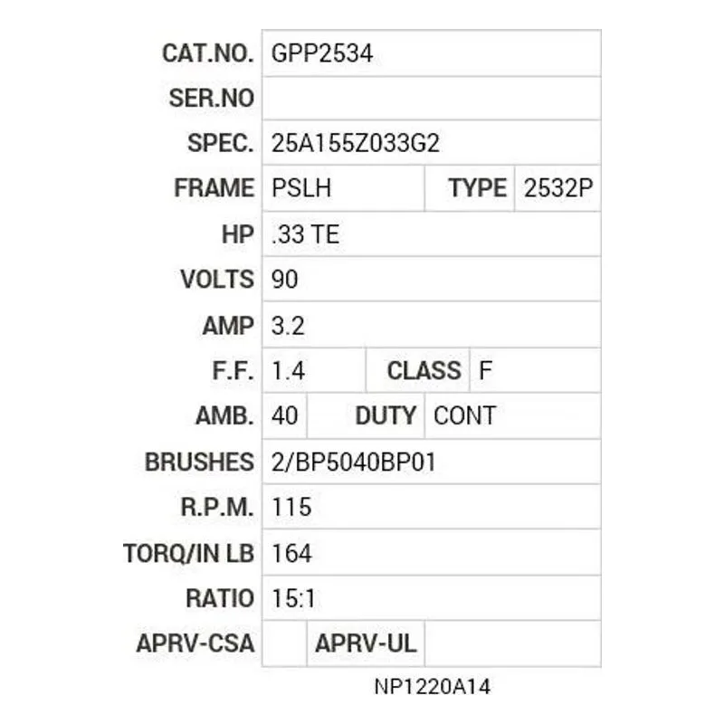 GPP2534 Baldor G.M. L32LA 90V DC 115  RPM  15:1 GPP2534 Motor Nameplate - view 2