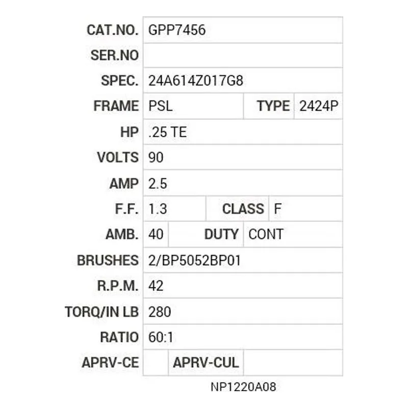 GPP7456 Baldor G.M. D24KA 90VDC 60:1 42  RPM  GPP7456 Motor Nameplate - view 2