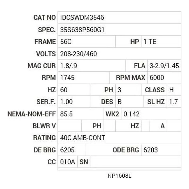 IDCSWDM3546 Baldor 1 HP, 1745 RPM, 3 PH, 60 HZ, 56C, 3524M, TENV, F1, N Motor Nameplate - view 2