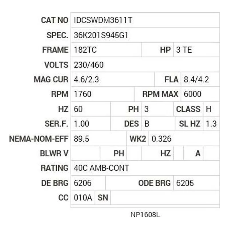 IDCSWDM3611T Baldor 3 HP, 1760 RPM, 3 PH, 60 HZ, 182TC, 3635M, TEFC, F1 Motor Nameplate - view 2