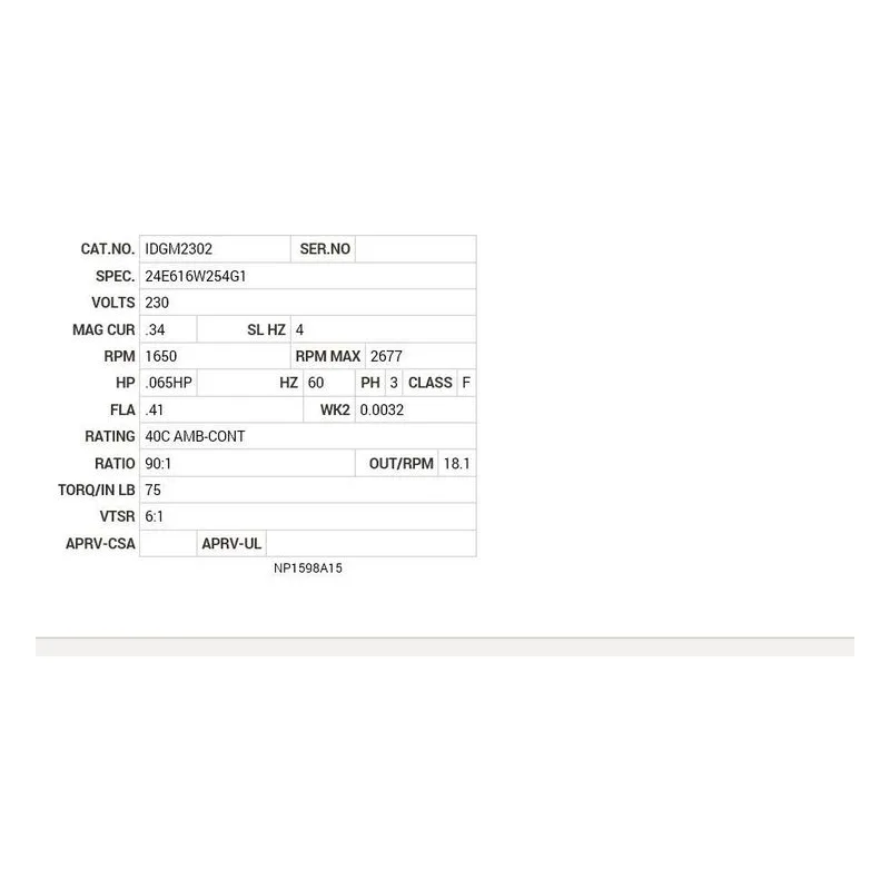 IDGM2302 Baldor G.M. T16DA 230V AC 90:1 IDGM2302 Motor Nameplate - view 2