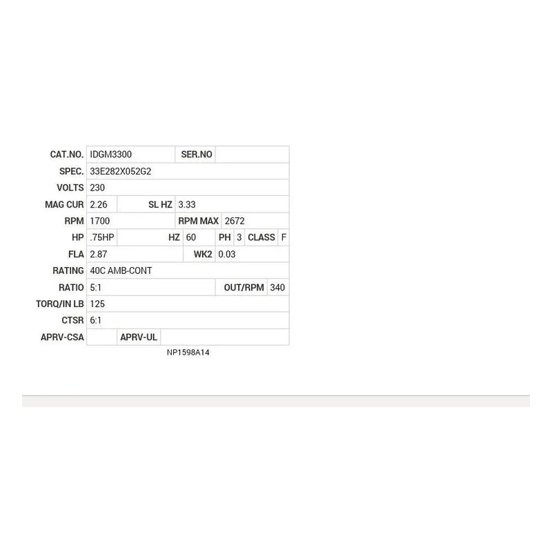 IDGM3300 Baldor G.M. F32UF 230V AC 345  RPM  5:1 Motor Nameplate - view 2