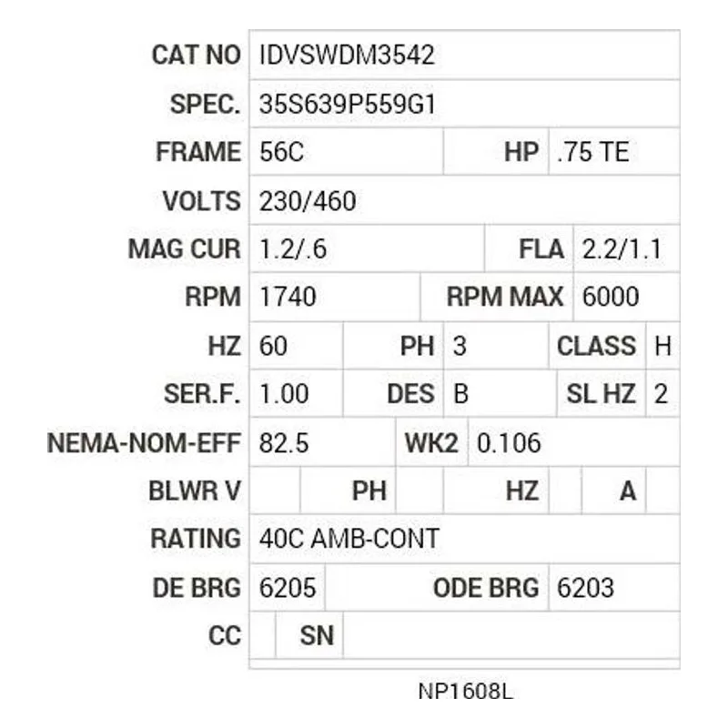 IDVSWDM3542 Baldor .75 HP, 1740 RPM, 3 PH, 60 HZ, 56C, 3519M, TENV, F1 Motor Nameplate - view 2