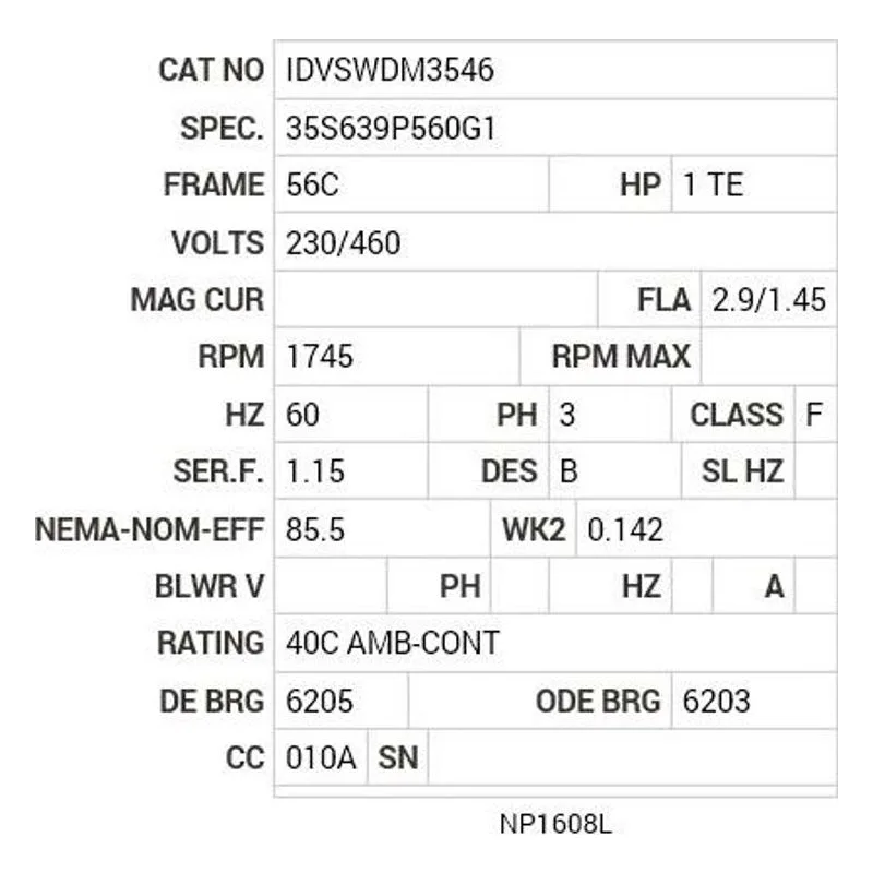 IDVSWDM3546 Baldor 1 HP, 1745 RPM, 3 PH, 60 HZ, 56C, 3524M, TENV, F1, N Motor Nameplate - view 2