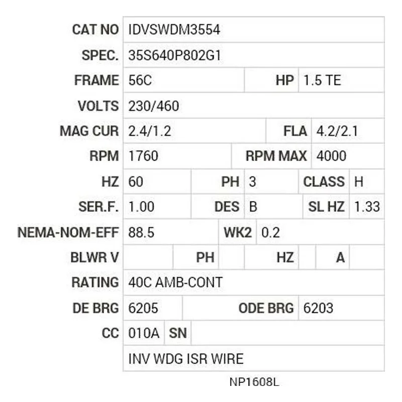 IDVSWDM3554 Baldor 1.5 HP, 1760 RPM, 3 PH, 60 HZ, 56C, 3533M, TEFC, F1 Motor Nameplate - view 2