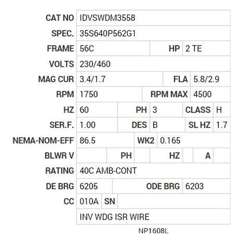 IDVSWDM3558 Baldor 2 HP, 1750 RPM, 3 PH, 60 HZ, 56C, 3528M, TEFC, F1, N Motor Nameplate - view 2