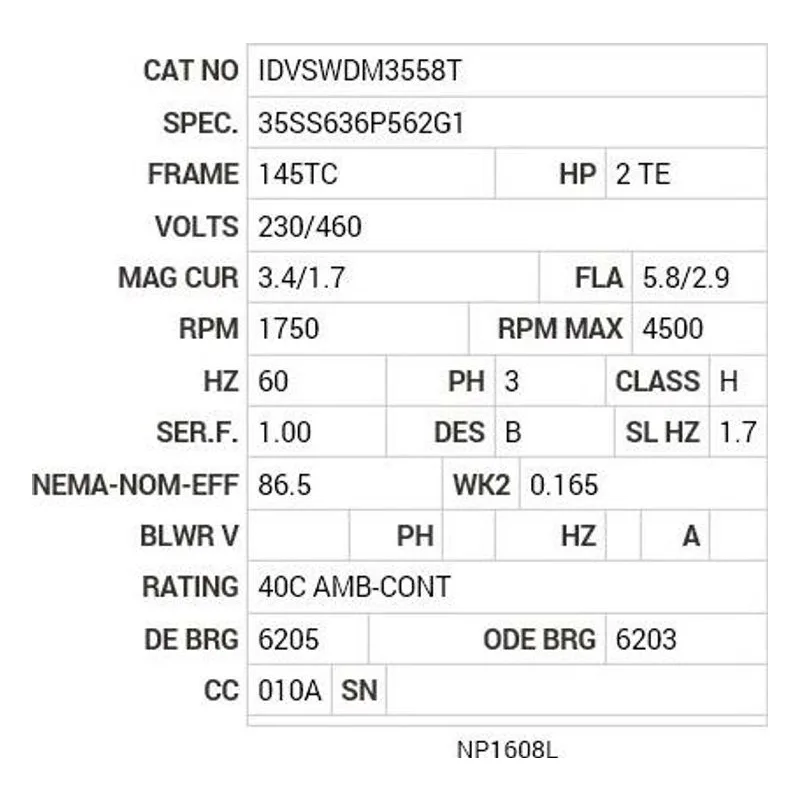 IDVSWDM3558T Baldor 2 HP, 1750 RPM, 3 PH, 60 HZ, 145TC, 3528M, TEFC, F1 Motor Nameplate - view 2