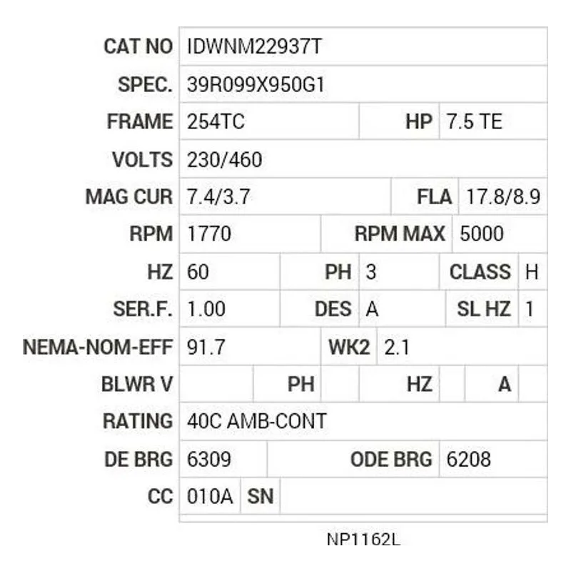 IDWNM22937T Baldor 7.5 HP, 1770 RPM, 3 PH, 60 HZ, 254TC, 3948M, TENV Motor Nameplate - view 2