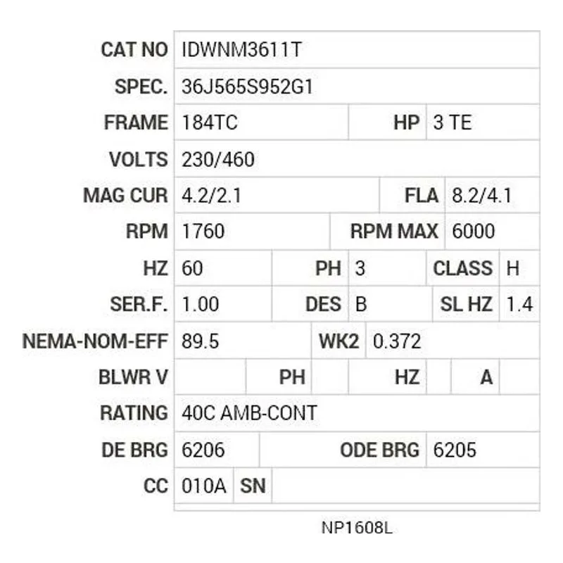 IDWNM3611T Baldor 3 HP, 1760 RPM, 3 PH, 60 HZ, 184TC, 3640M, TENV, F1 Motor Nameplate - view 2