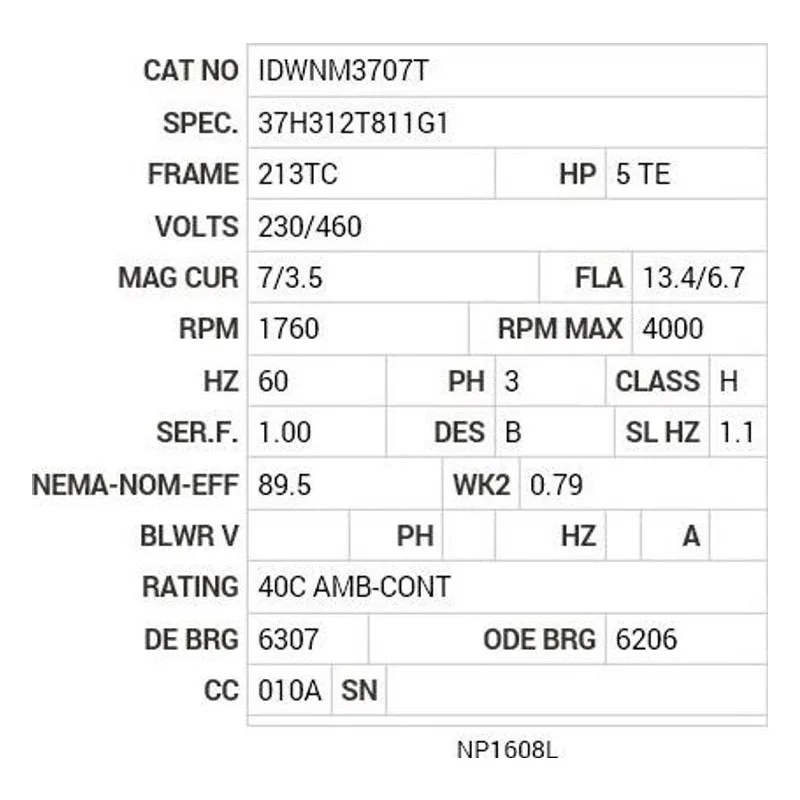 IDWNM3707T Baldor 5 HP, 1760 RPM, 3 PH, 60 HZ, 213TC, 3732M, TENV, F1 Motor Nameplate - view 2