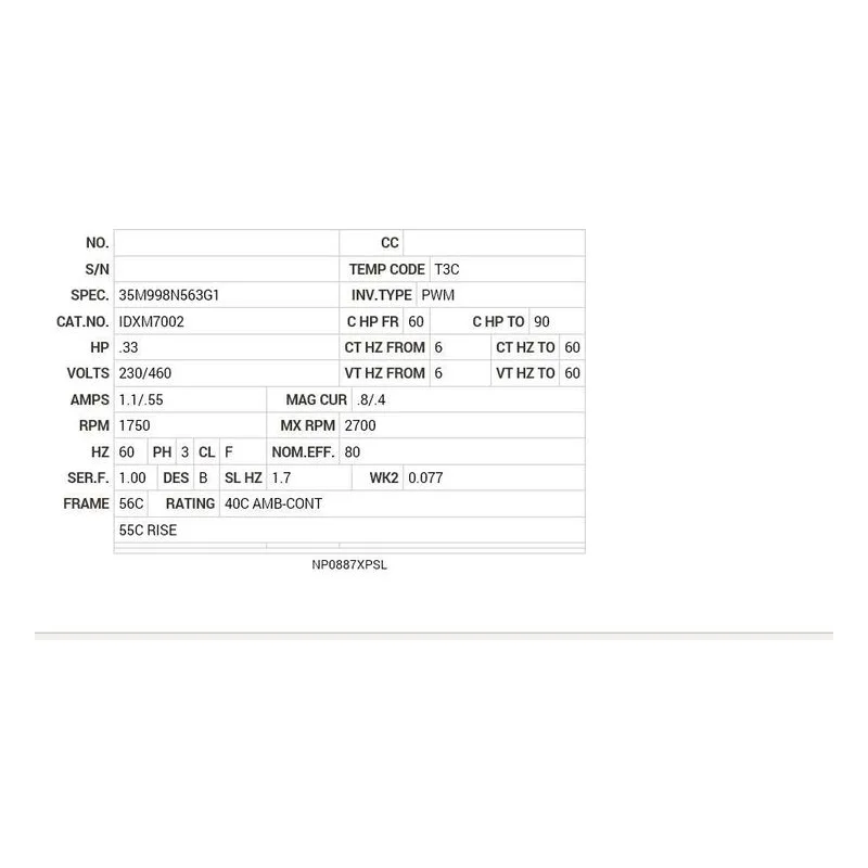 IDXM7002 Baldor .33 HP, 1750 RPM, 3 PH, 60 HZ, 56C, 3513M, XPFC, F1 Motor Nameplate - view 2