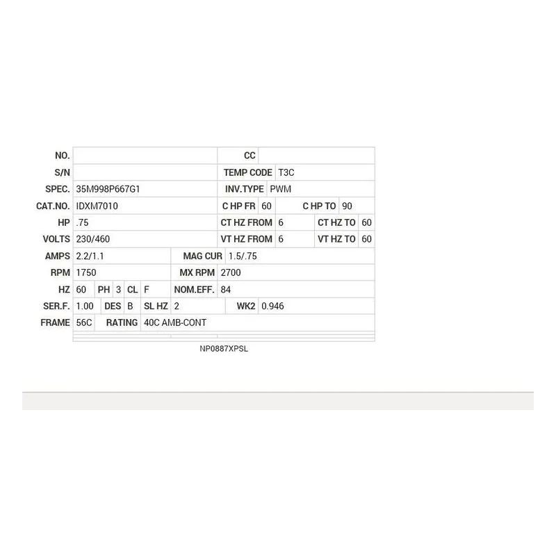IDXM7010 Baldor .75 HP, 1750 RPM, 3 PH, 60 HZ, 56C, 3517M, XPFC, F1 Motor Nameplate - view 2