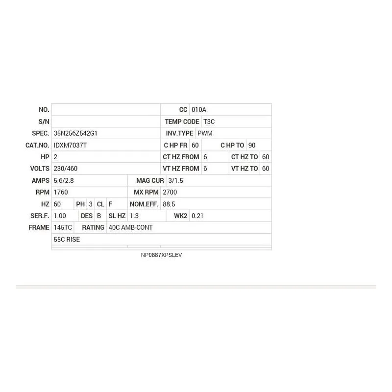 IDXM7037T Baldor 2 HP, 1760 RPM, 3 PH, 60 HZ, 145TC, 3535M, XPFC, F1 Motor Nameplate - view 2