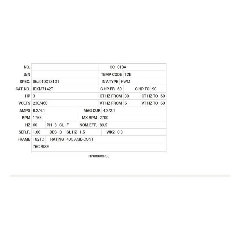 IDXM7142T Baldor 3 HP, 1755 RPM, 3 PH, 60 HZ, 182TC, 0632M, XPFC, F1 Motor Nameplate - view 2