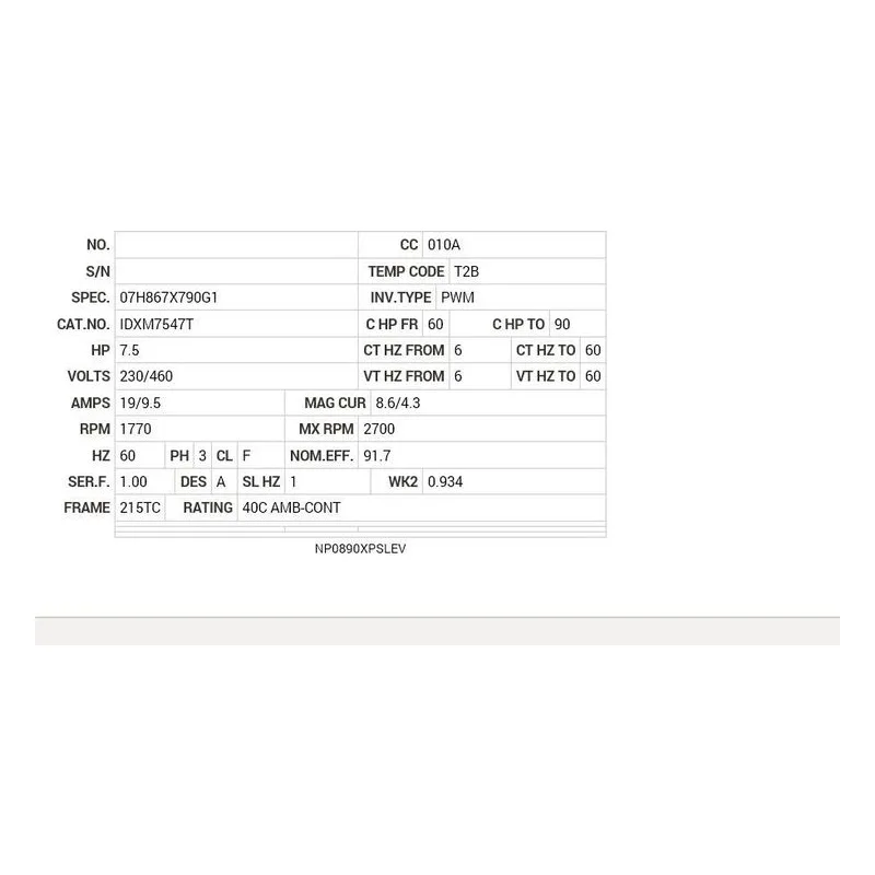 IDXM7547T Baldor 7.5 HP, 1770 RPM, 3 PH, 60 HZ, 213TC, 0735M, XPFC Motor Nameplate - view 2