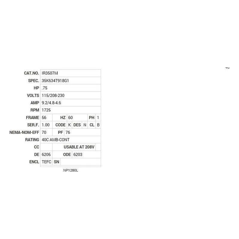 IR3507M Baldor .75 HP, 1725 RPM, 1 PH, 60 HZ, 56, 3524L, TEFC, F1 Motor Nameplate - view 2