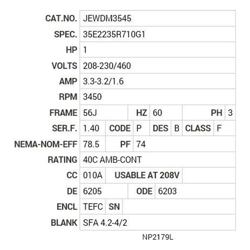 JEWDM3545 Baldor 1 HP, 3450 RPM, 3 PH, 60 HZ, 56J, 3520M, TEFC, F1, N Motor Nameplate - view 2