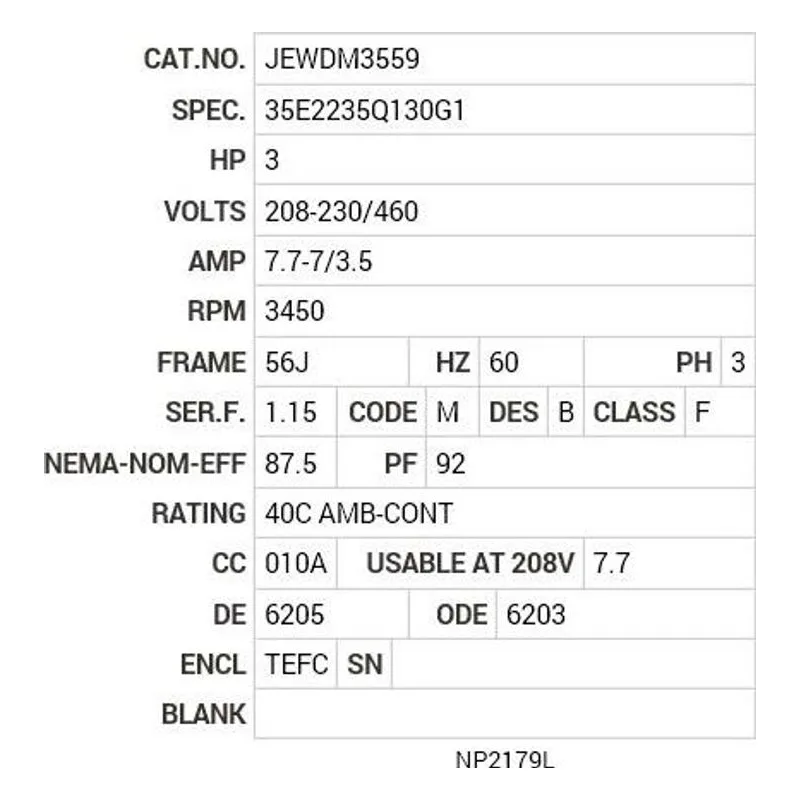 JEWDM3559 Baldor 3 HP, 3450 RPM, 3 PH, 60 HZ, 56J, 3540M, TEFC, F1, N Motor Nameplate - view 2