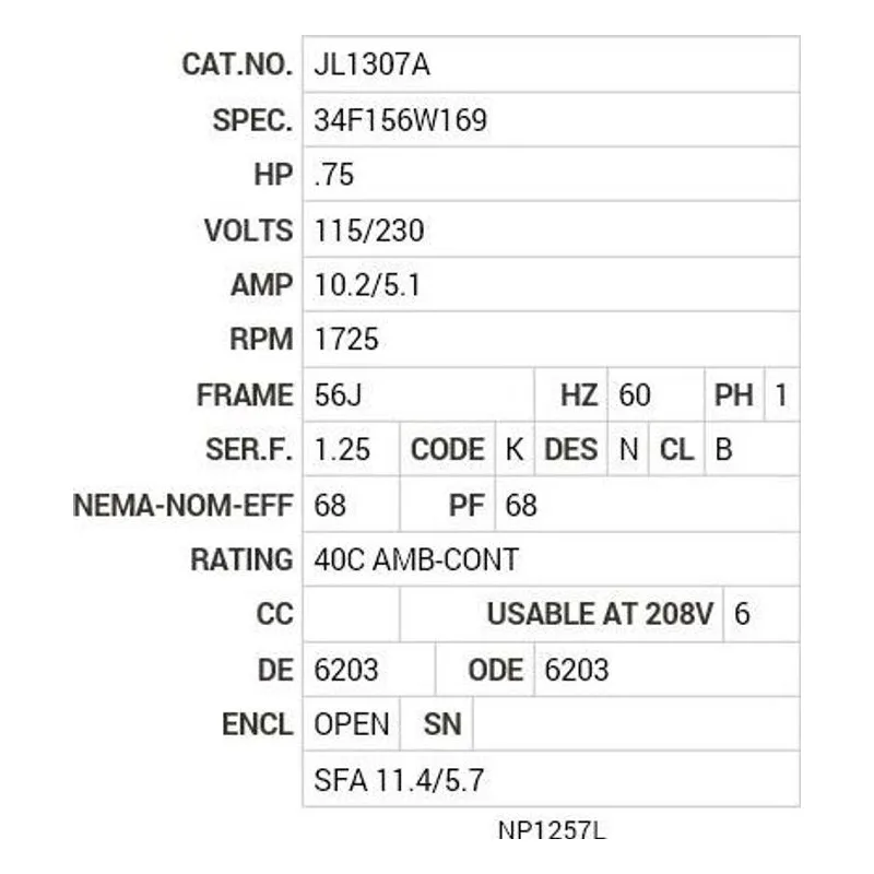 JL1307A Baldor .75 HP, 1725 RPM, 1 PH, 60 HZ, 56J, 3428L, OPEN, F1 Motor Nameplate - view 2