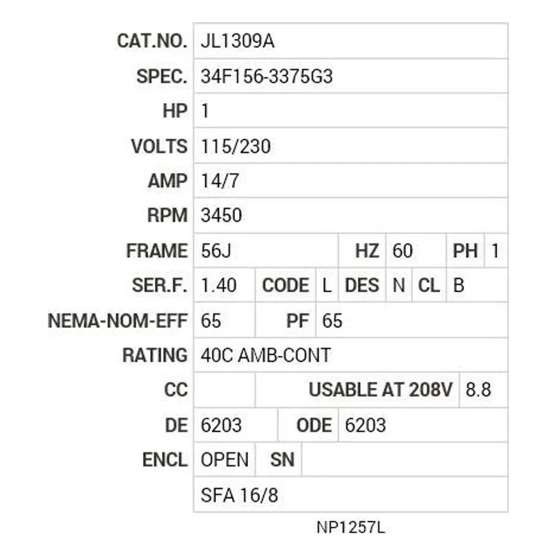 JL1309A Baldor 1 HP, 3450 RPM, 1 PH, 60 HZ, 56J, 3428L, OPEN, F1, N Motor Nameplate - view 2