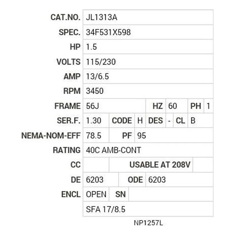 JL1313A Baldor 1.5 HP, 3450 RPM, 1 PH, 60 HZ, 56J, 3432LC, OPEN Motor Nameplate - view 2