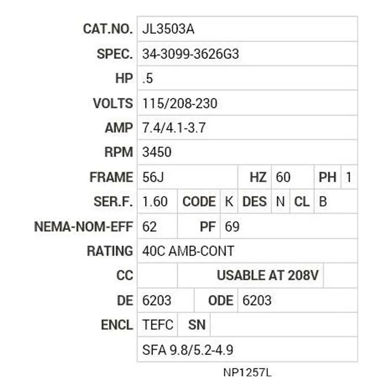 JL3503A Baldor .5 HP, 3450 RPM, 1 PH, 60 HZ, 56J, 3420L, TEFC, F1 Motor Nameplate - view 2