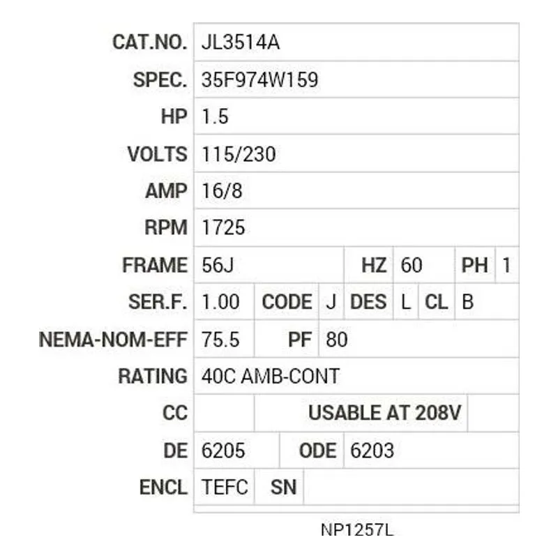 JL3514A Baldor 1.5 HP, 1725 RPM, 1 PH, 60 HZ, 56J, 3532LC, TEFC Motor Nameplate - view 2