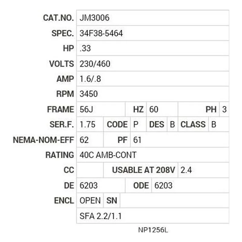 JM3006 Baldor .33 HP, 3450 RPM, 3 PH, 60 HZ, 56J, 3410M, OPEN, F1 Motor Nameplate - view 2