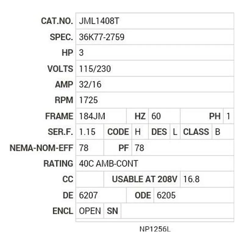 JML1408T Baldor 3 HP, 1725 RPM, 1 PH, 60 HZ, 184JM, 3634LC, OPEN Motor Nameplate - view 2